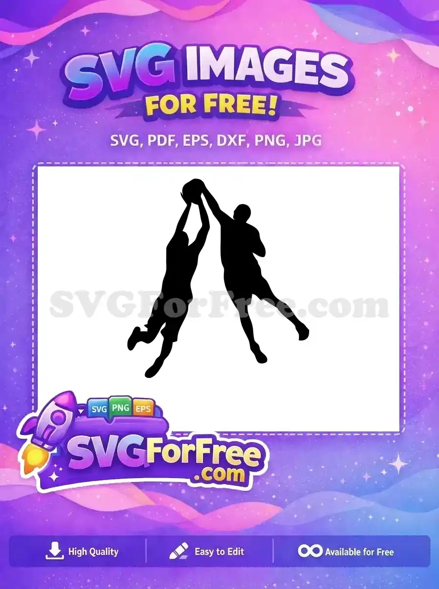 Two free basketball player silhouettes in mid-air, competing for a ball, a dynamic free vector graphic design.