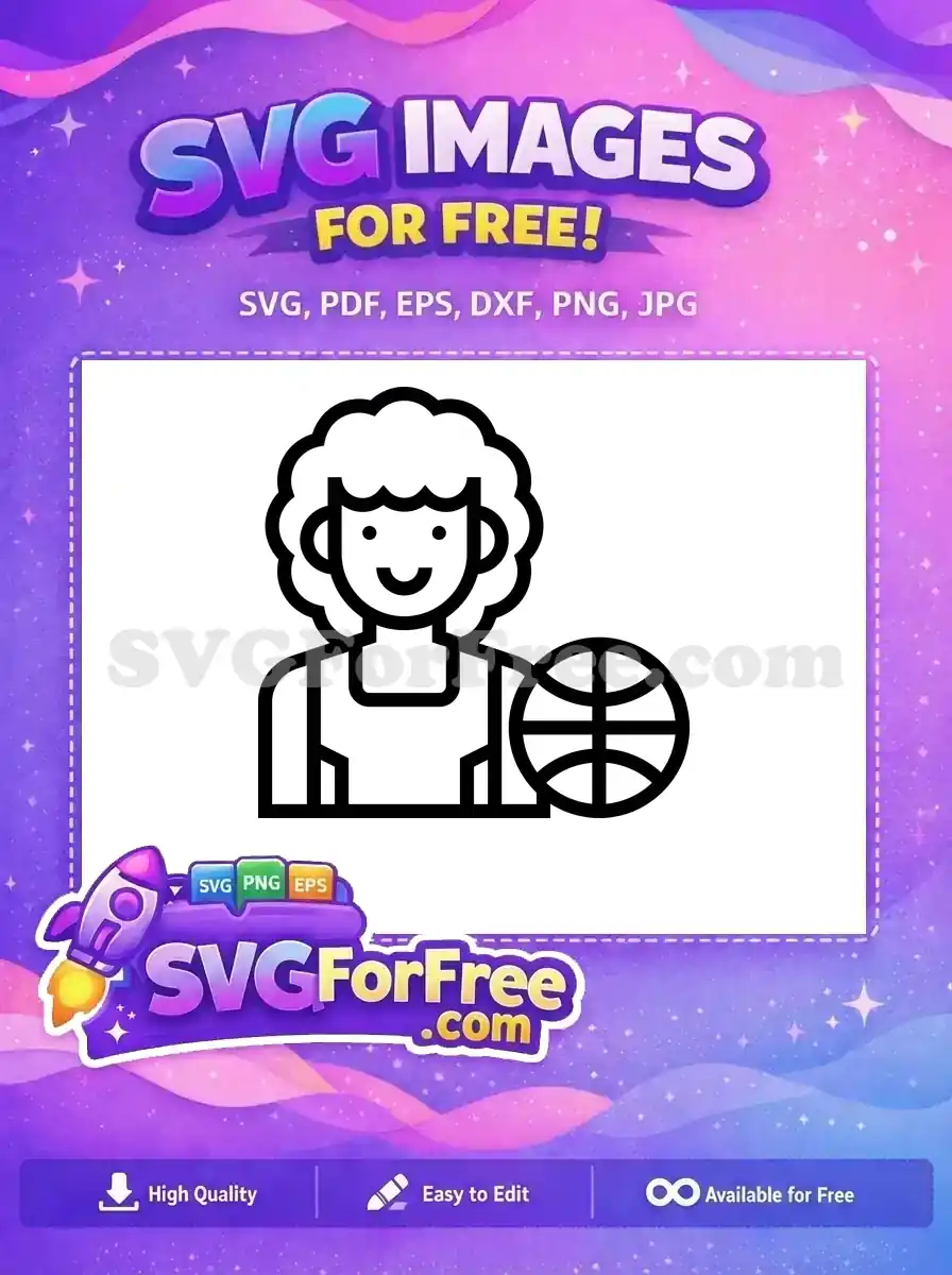 A free SVG icon of a smiling basketball player with curly hair, holding a ball. Ideal for all your free sports designs.