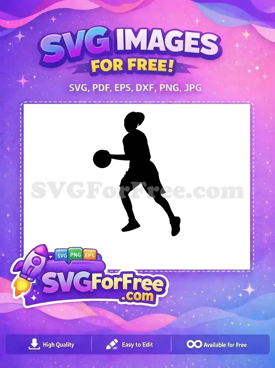 Free dynamic silhouette of a female basketball player dribbling, ideal for sports projects. Download this free design now!