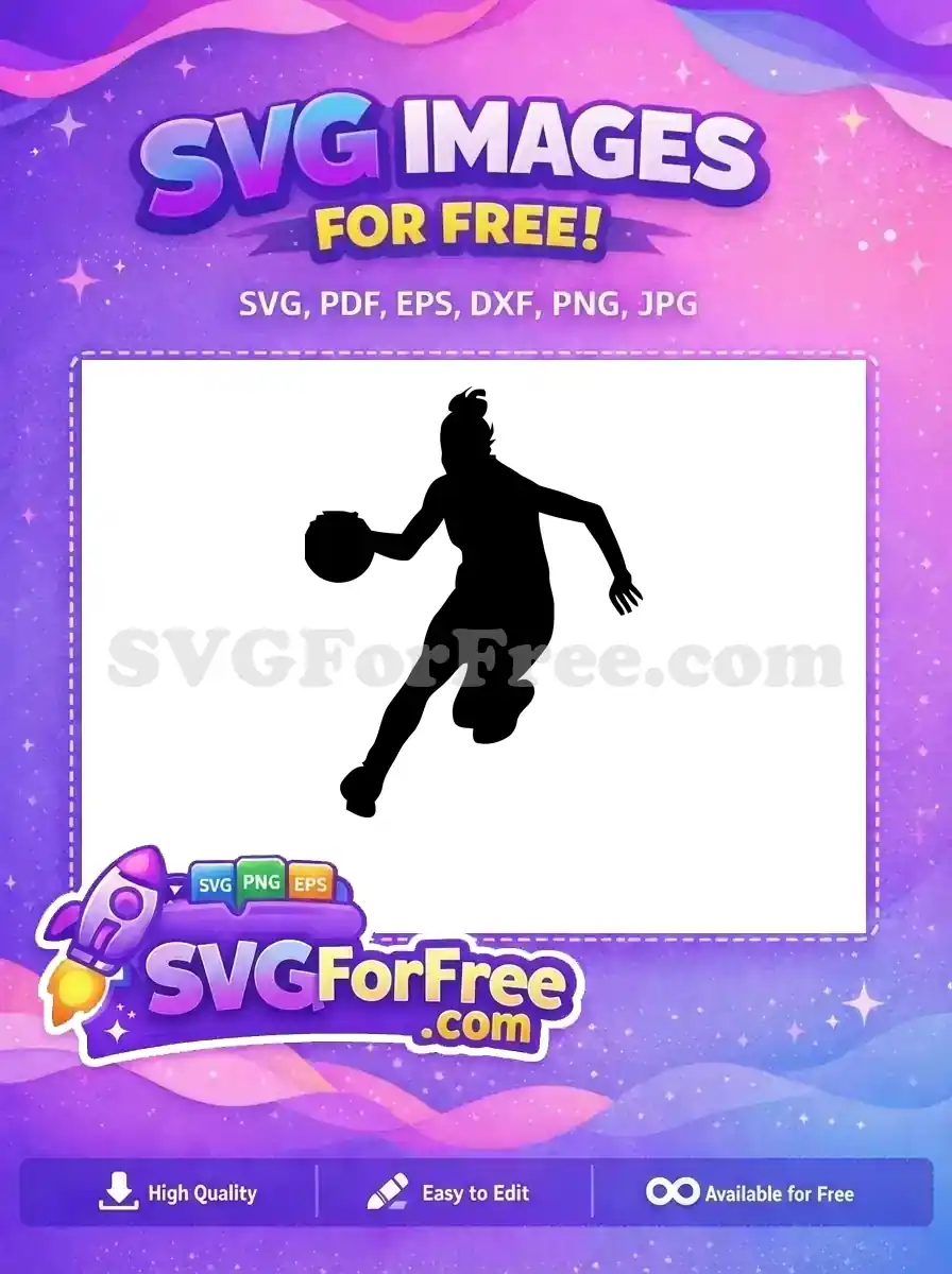 A powerful free design of a female basketball player dribbling, captured in a sleek black silhouette. Ideal free vector art for sports projects.