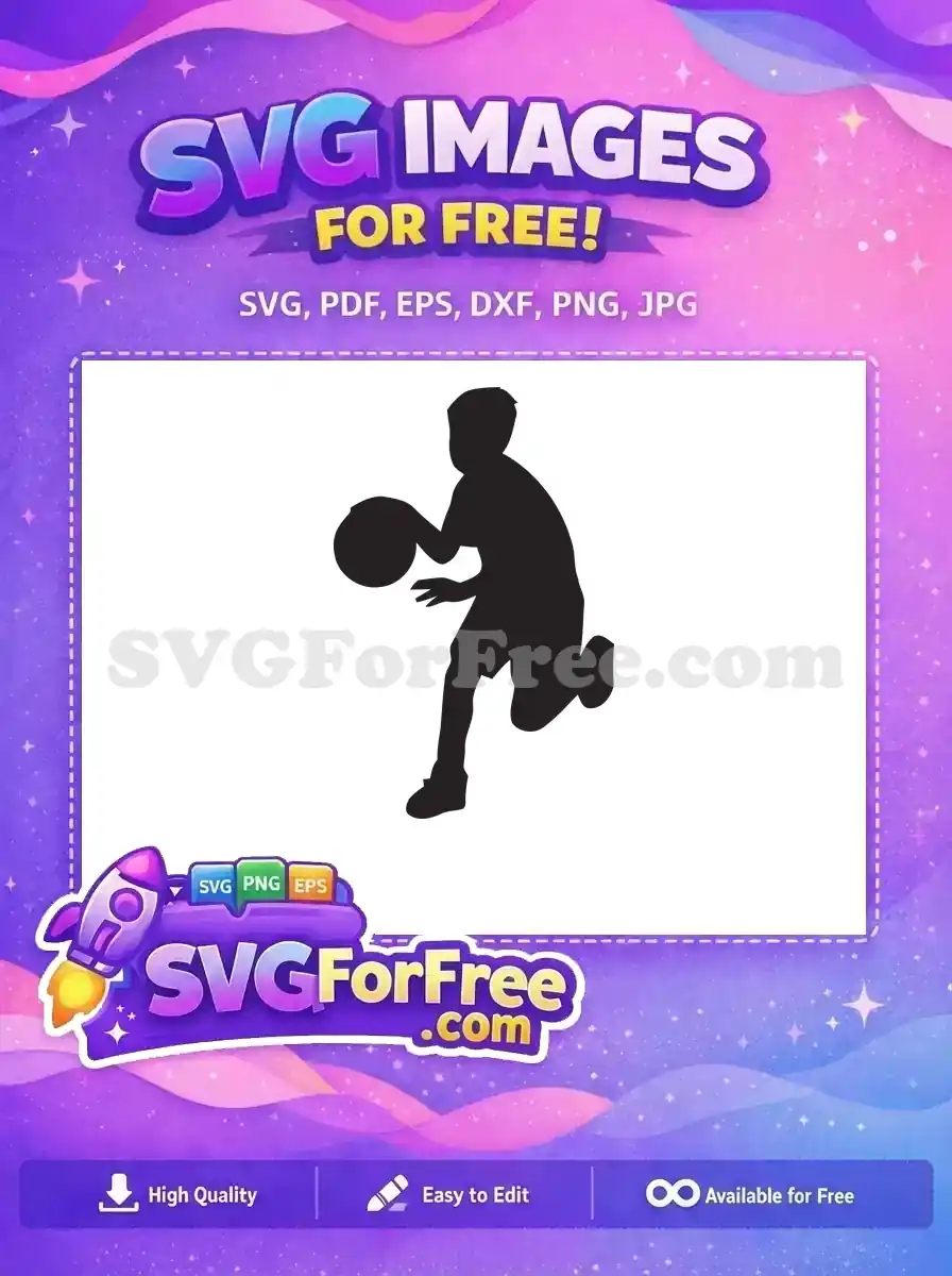 A free SVG silhouette of a young boy actively dribbling a basketball, perfect for sports-themed designs. This free vector is versatile and striking.