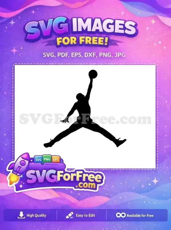 Free iconic basketball player silhouette SVG, dynamically leaping with a ball, perfect for athletic and competitive designs.