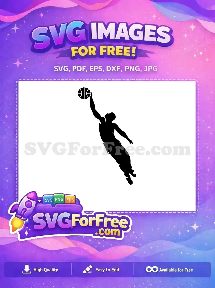 A powerful free basketball player silhouette mid-dunk, capturing athletic motion. This free vector art is highly versatile.