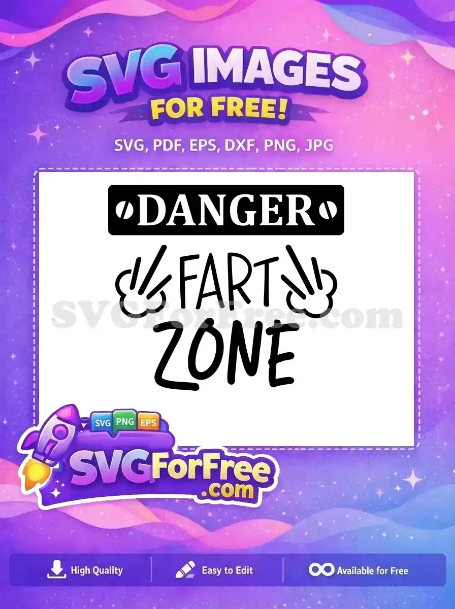 A free SVG design featuring a humorous "Danger Fart Zone" warning sign, with playful text and fart cloud graphics. This free vector is highly adaptable.