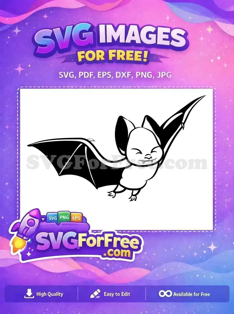 A delightful free cartoon bat in mid-flight, rendered in black and white, featuring a happy, squinting face. This free design is ideal for various creative Halloween projects.