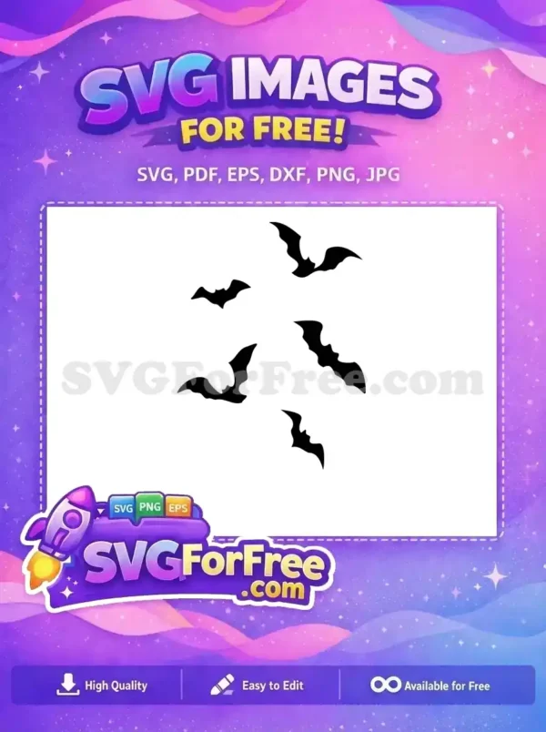 A captivating free design featuring five black bat silhouettes in various flight poses, ideal for Halloween crafts and decorations.
