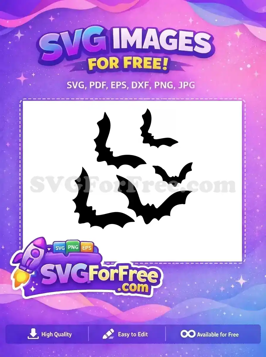 Free dark bat silhouettes flying, a versatile Halloween design. Download this free SVG for spooky crafts instantly!