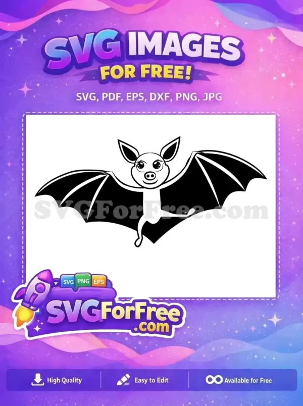 Discover this free cartoon bat SVG design, featuring a cute, smiling character with big eyes and spread wings. Perfect for free Halloween crafts.