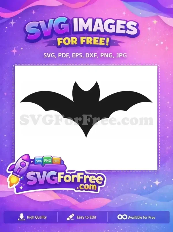 A sleek, free bat silhouette design with outstretched wings, perfect for spooky decor. This free SVG is ideal for Halloween projects.