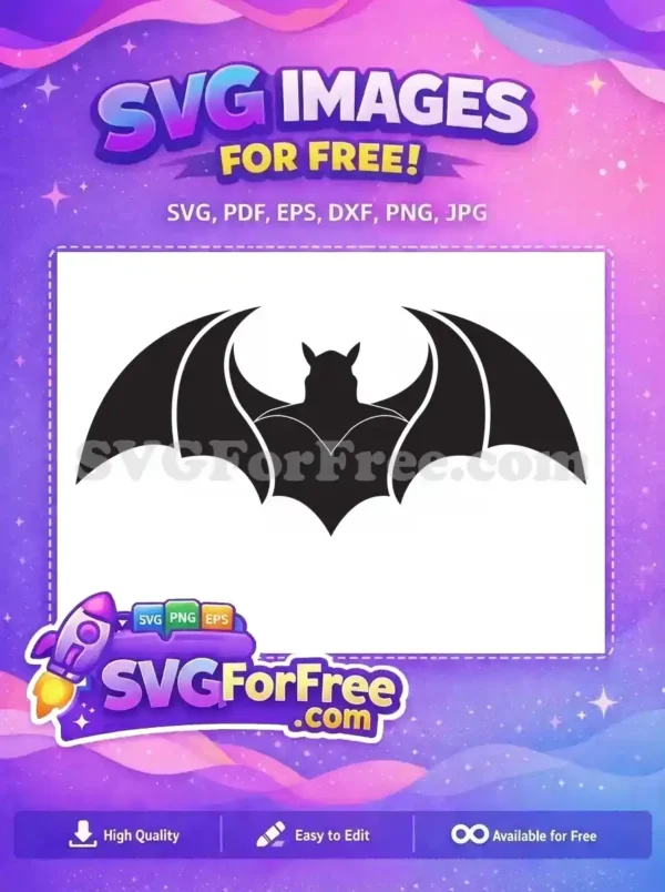 A sleek, free bat silhouette design with outstretched wings, perfect for spooky projects and free Halloween crafts. This free design is ready!