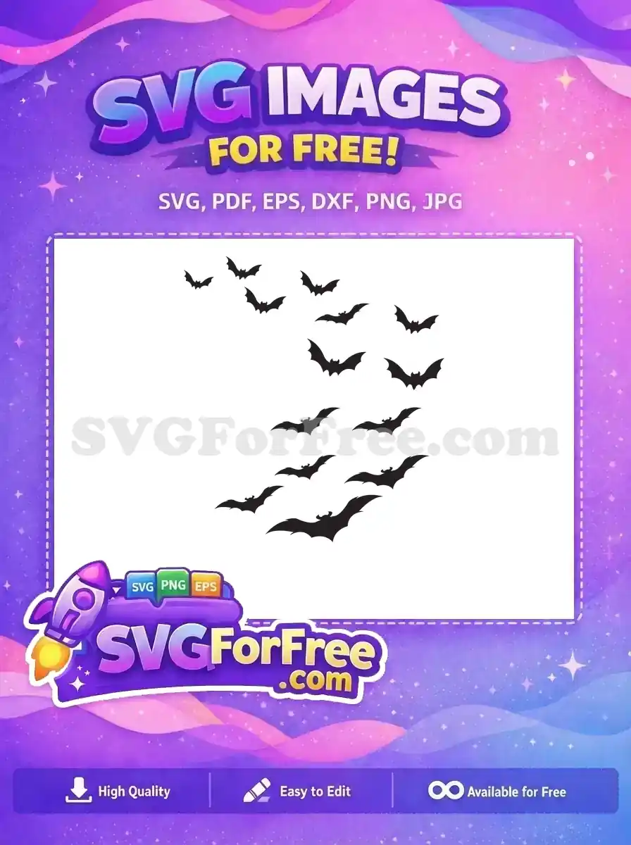A collection of free black bat silhouettes in various flight poses, ideal for spooky Halloween decorations. Download this free design now!