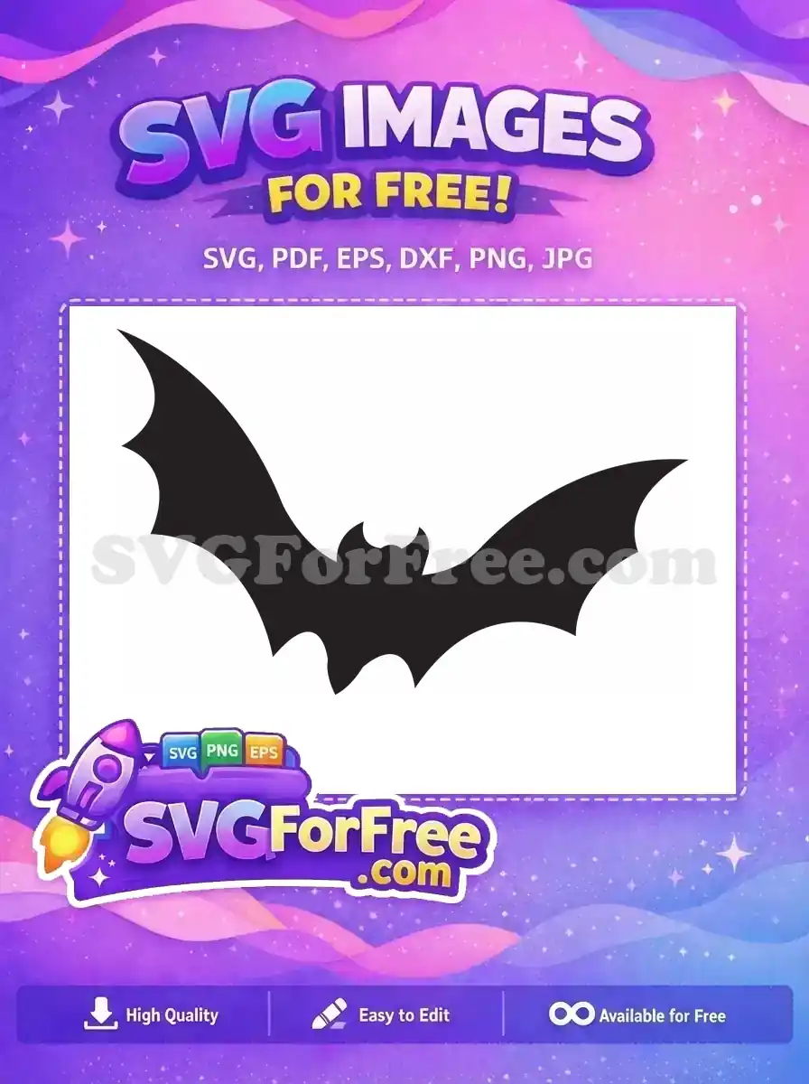 A striking free black bat silhouette with outstretched wings, ideal for Halloween decorations and spooky craft projects. Download this free graphic!