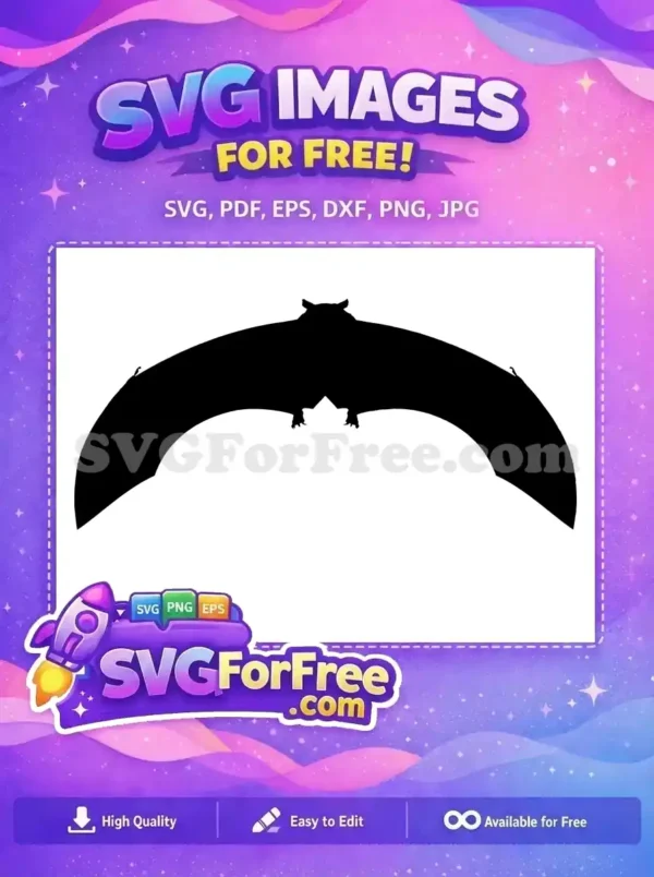 Free Flying Bat Silhouette Design – Spooky Free Vector A striking free black bat silhouette, wings fully extended, creating an arch. Ideal free graphic for Halloween.