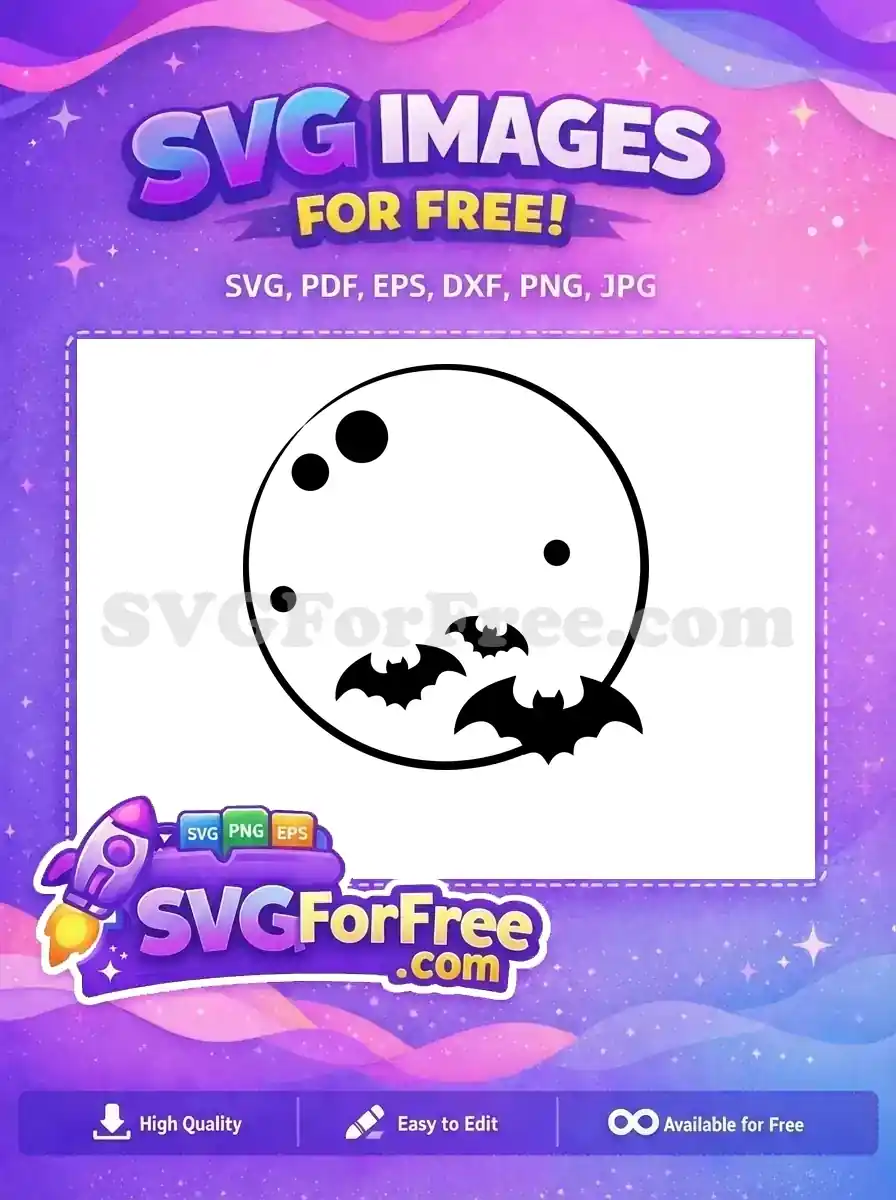 A captivating free Halloween design featuring a full moon with flying bats, perfect for spooky season projects. This free SVG is ready for creative use.