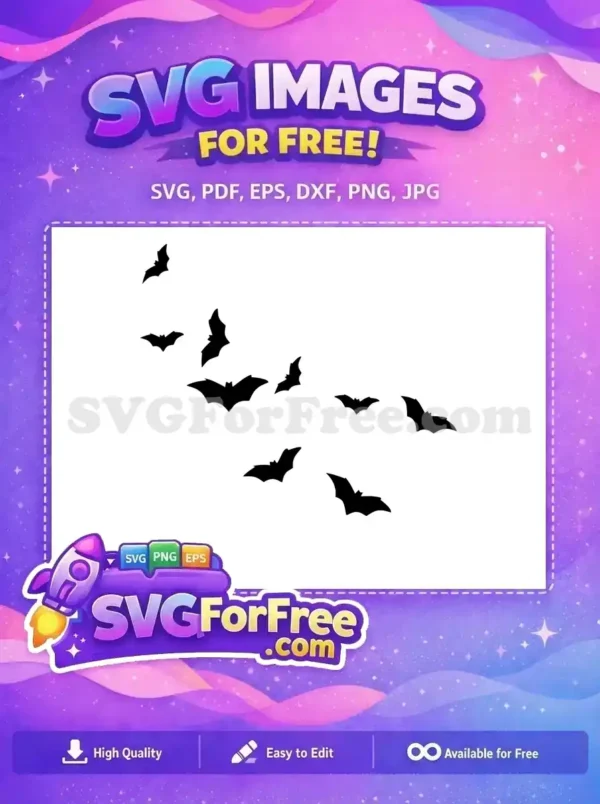 A dynamic free SVG featuring a swarm of black bat silhouettes flying, ideal for free Halloween decorations and crafts.