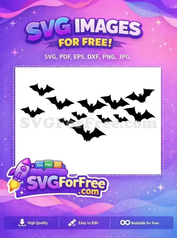 A captivating free design featuring a swarm of black bat silhouettes soaring against a white background, ideal for Halloween. Download this free SVG today!