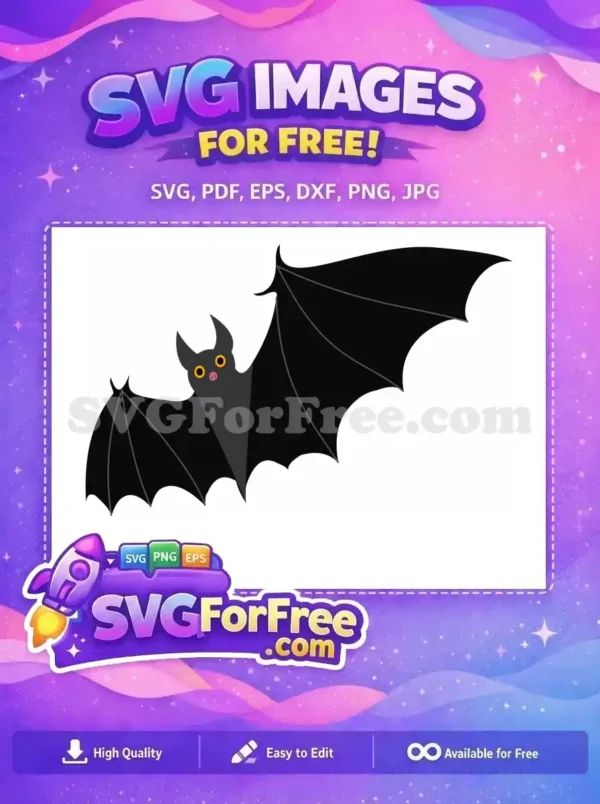This free design features a charming cartoon bat with wide wings, bright yellow eyes, and a small pink nose. Perfect for Halloween projects and spooky fun.