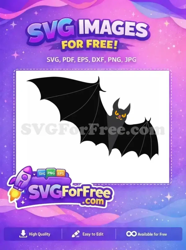 A free cartoon bat with spread wings, yellow eyes, and fangs, ideal for free Halloween vector art and spooky crafts.