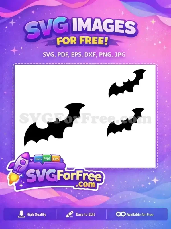 Free Halloween design featuring three flying black bat silhouettes. Perfect for spooky crafts and decorations! Get this free SVG today!
