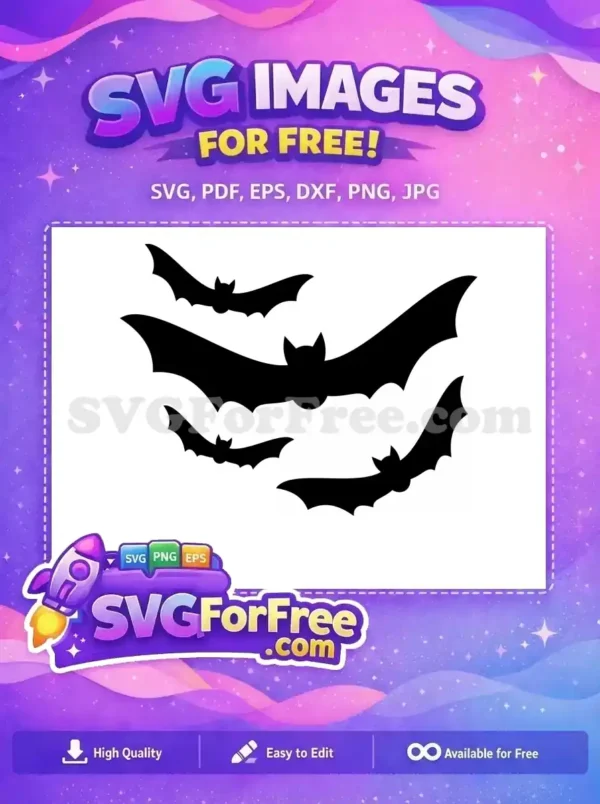 Free SVG of three dynamic black bat silhouettes soaring against a crisp white background for your Halloween projects. Download now!