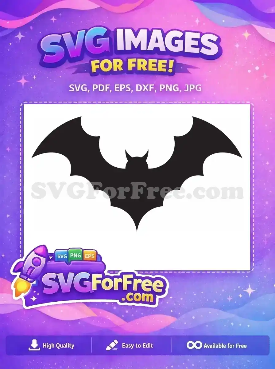 A striking free bat silhouette, wings spread, perfect for spooky Halloween designs. This free SVG offers versatility.