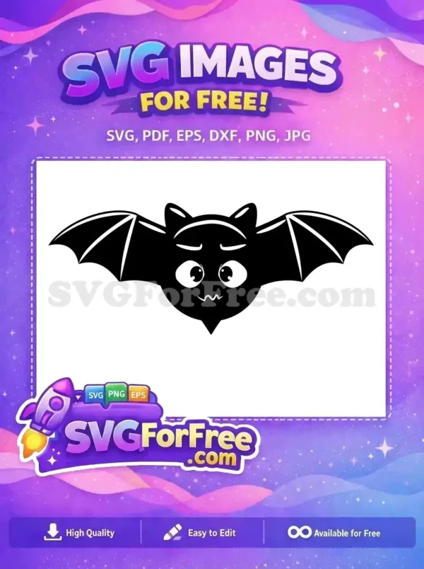 A free cartoon bat SVG design, featuring a wide-eyed, slightly surprised black bat with prominent wings.