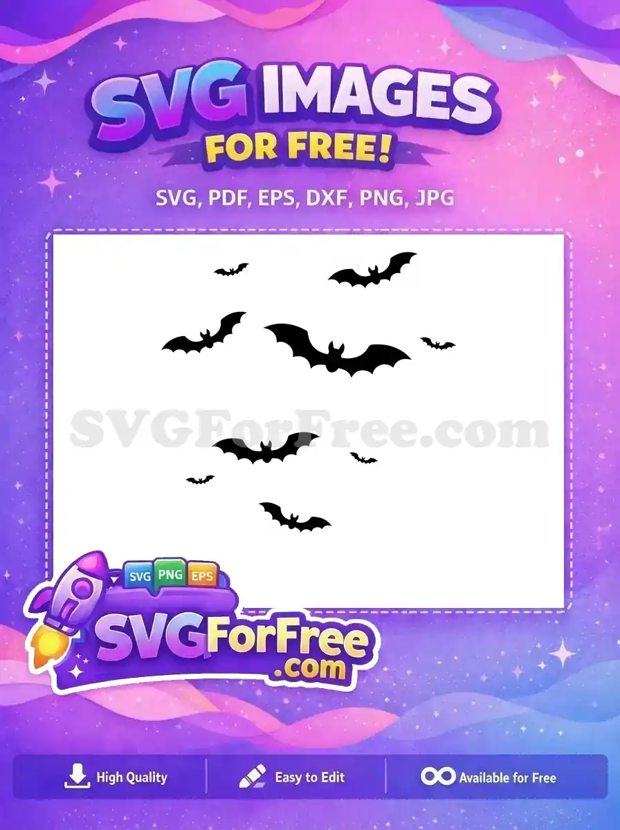 Dynamic free design featuring various black bat silhouettes, ideal for spooky themes and Halloween crafts. Download free!