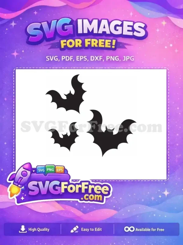 Three free flying bat silhouettes against a dark background, a spooky free design ideal for Halloween crafts and decorations. Get this free SVG today!