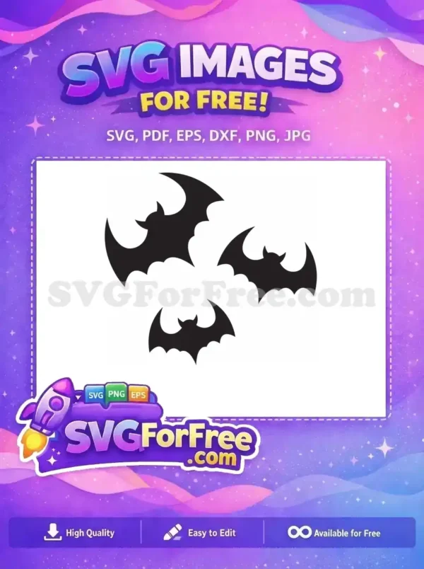 Free Spooky Bat Trio SVG Design for Instant Download Three distinct free black bat silhouettes flying in various poses, ideal for your Halloween projects and free downloads.