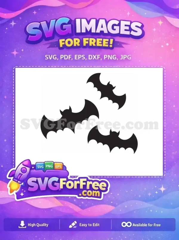 Three dynamic black bat silhouettes against a dark backdrop, a versatile free Halloween design for your creative projects. Download this free SVG now!