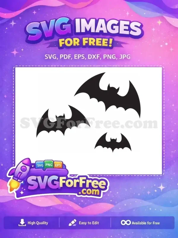 Three dark grey bat silhouettes flying against a black background. This free design is perfect for Halloween projects.