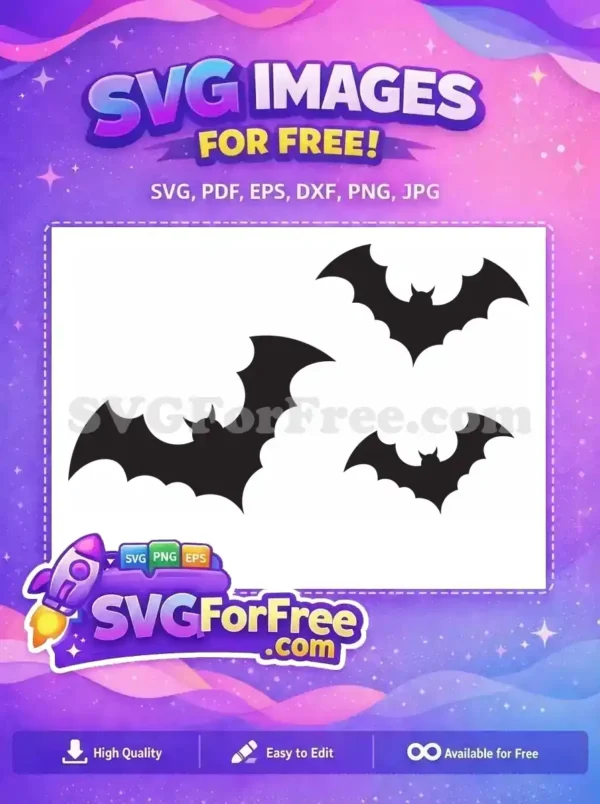 Three free flying bat silhouettes, a classic free Halloween design for dark and spooky projects. This free SVG is versatile.