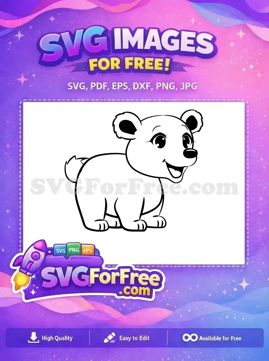 A delightful free design featuring a smiling baby bear cub in a simple black outline, perfect for various creative projects. Download this free SVG now!