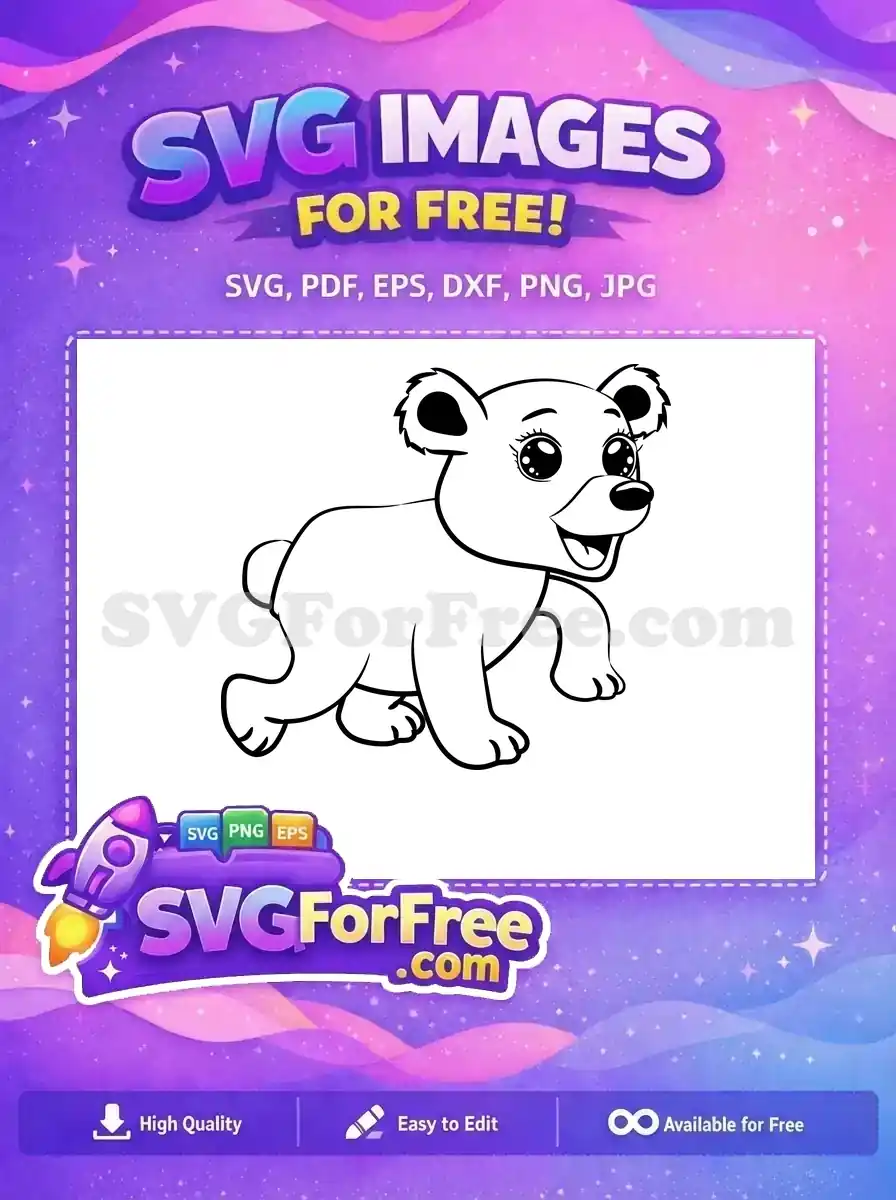 A cute free bear cub outline SVG, perfect for coloring or crafting, featuring big expressive eyes and a happy smile. Free design.