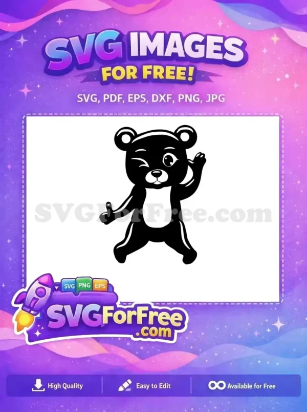 Free Winking Bear SVG Design – Playful & Cute A friendly, winking black bear character, offering a playful and free design for various creative projects. Download this free SVG!