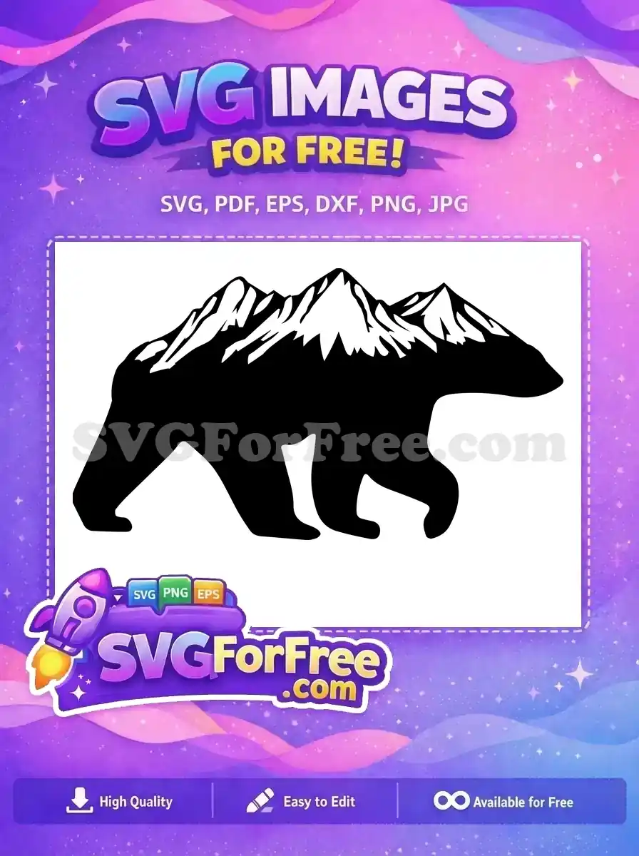 A striking free black bear silhouette with snow-capped mountains forming its back, ideal for various free design projects.