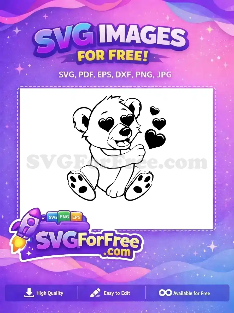 A charming free SVG of a teddy bear with heart eyes, smiling, surrounded by floating hearts. Ideal for romantic, cute, and free craft projects.