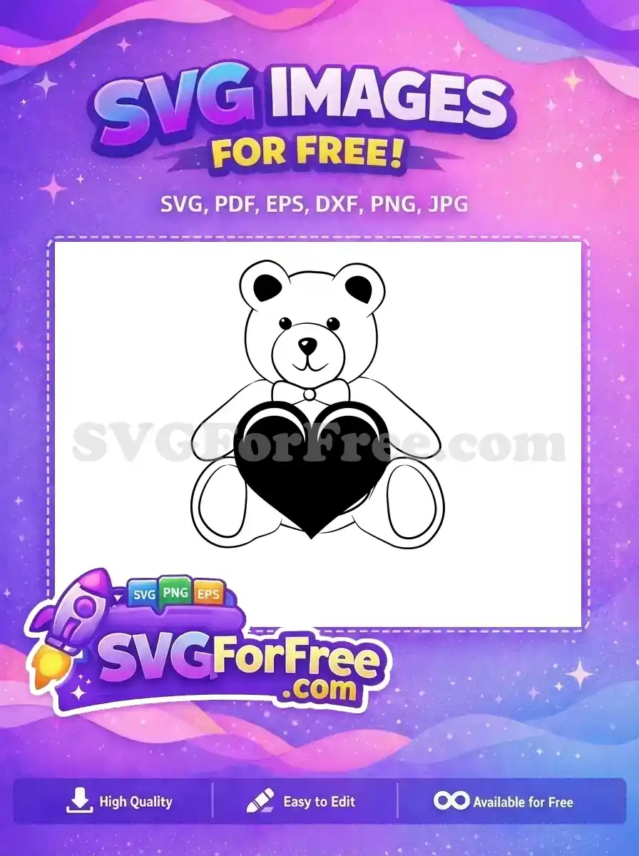 A charming free design featuring a sitting teddy bear with a bow tie, lovingly holding a large black heart. Ideal free vector for expressing affection.