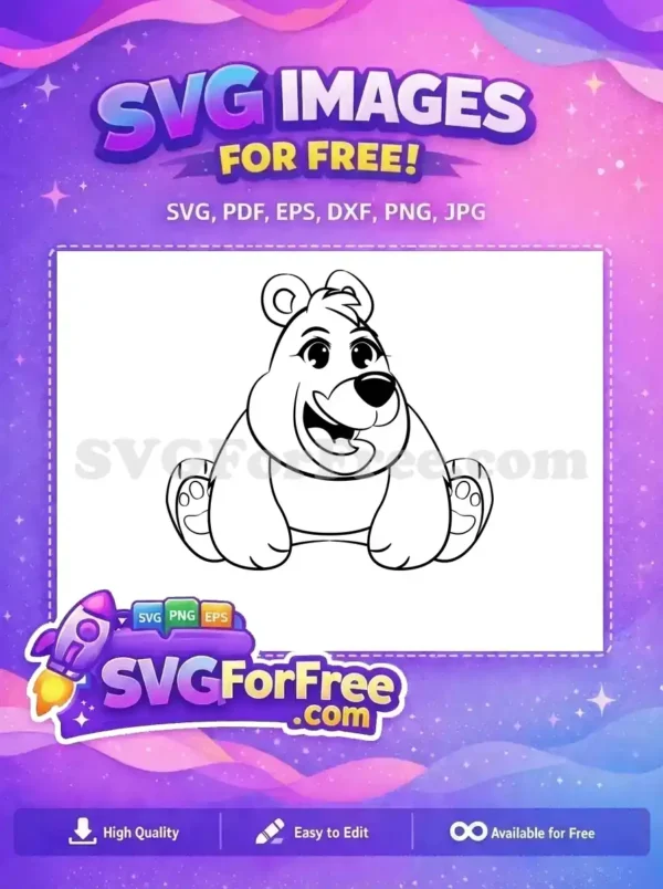 A friendly, free cartoon bear outline SVG, sitting happily. This free design is perfect for crafting and coloring projects.