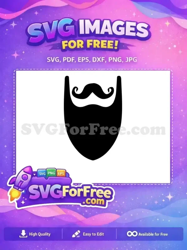 Free Classic Beard & Mustache SVG Design – Download Now! A free vector silhouette of a stylish full beard and curled mustache, ideal for various design projects. Get this free download now!