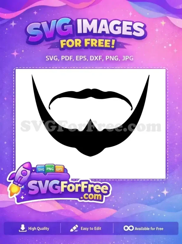 A bold, free black silhouette of a stylish beard and mustache, featuring a classic goatee and curled mustache ends. This free design is ideal for various creative projects.