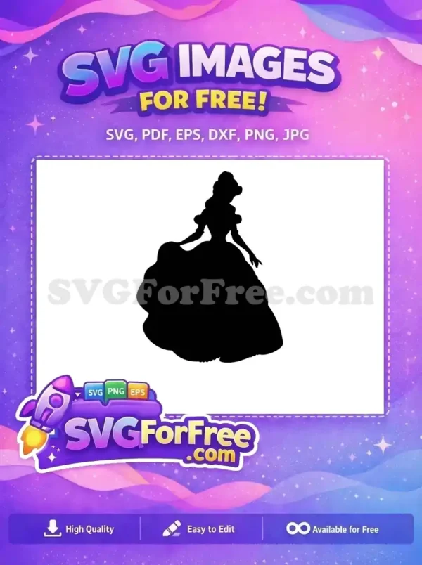 A free elegant princess silhouette SVG, featuring a woman in a grand ball gown. Ideal for charming design projects.