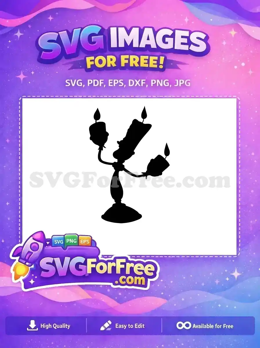 A delightful free SVG silhouette of a whimsical candelabra with three lit candles. Ideal for free craft projects.