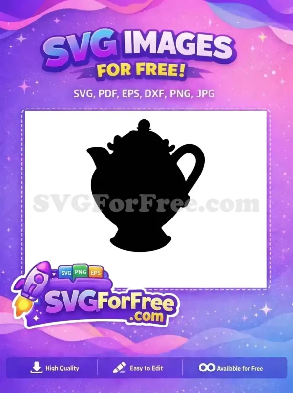 A beautiful free black silhouette of a classic teapot with an ornate lid, ideal for various design projects. Grab this free SVG now!