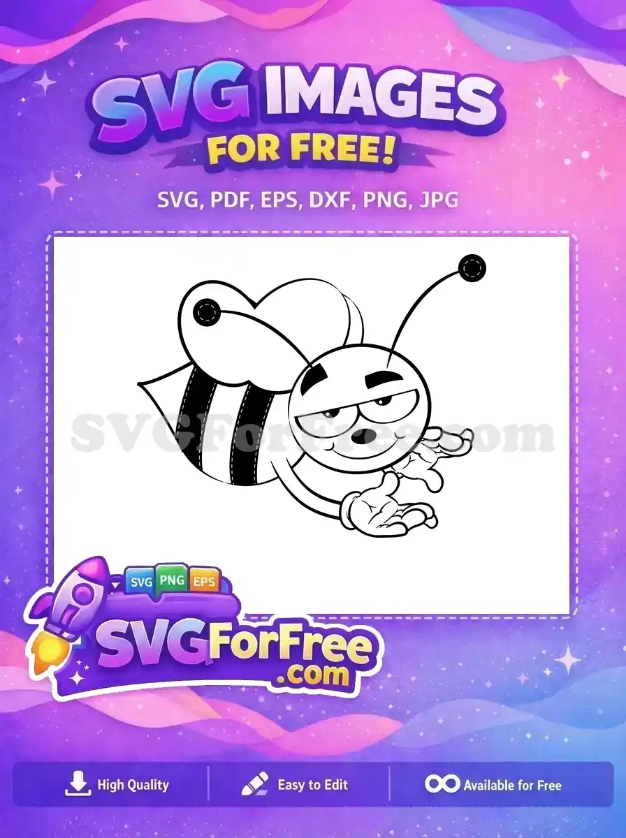 A free black and white cartoon bee with a friendly, welcoming pose and stitched details. Ideal for free craft projects.