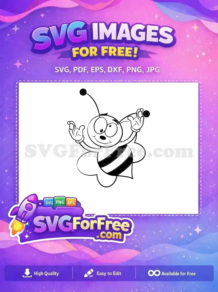 A delightful free black and white cartoon bee happily presenting. Ideal free design for children's crafts and projects.