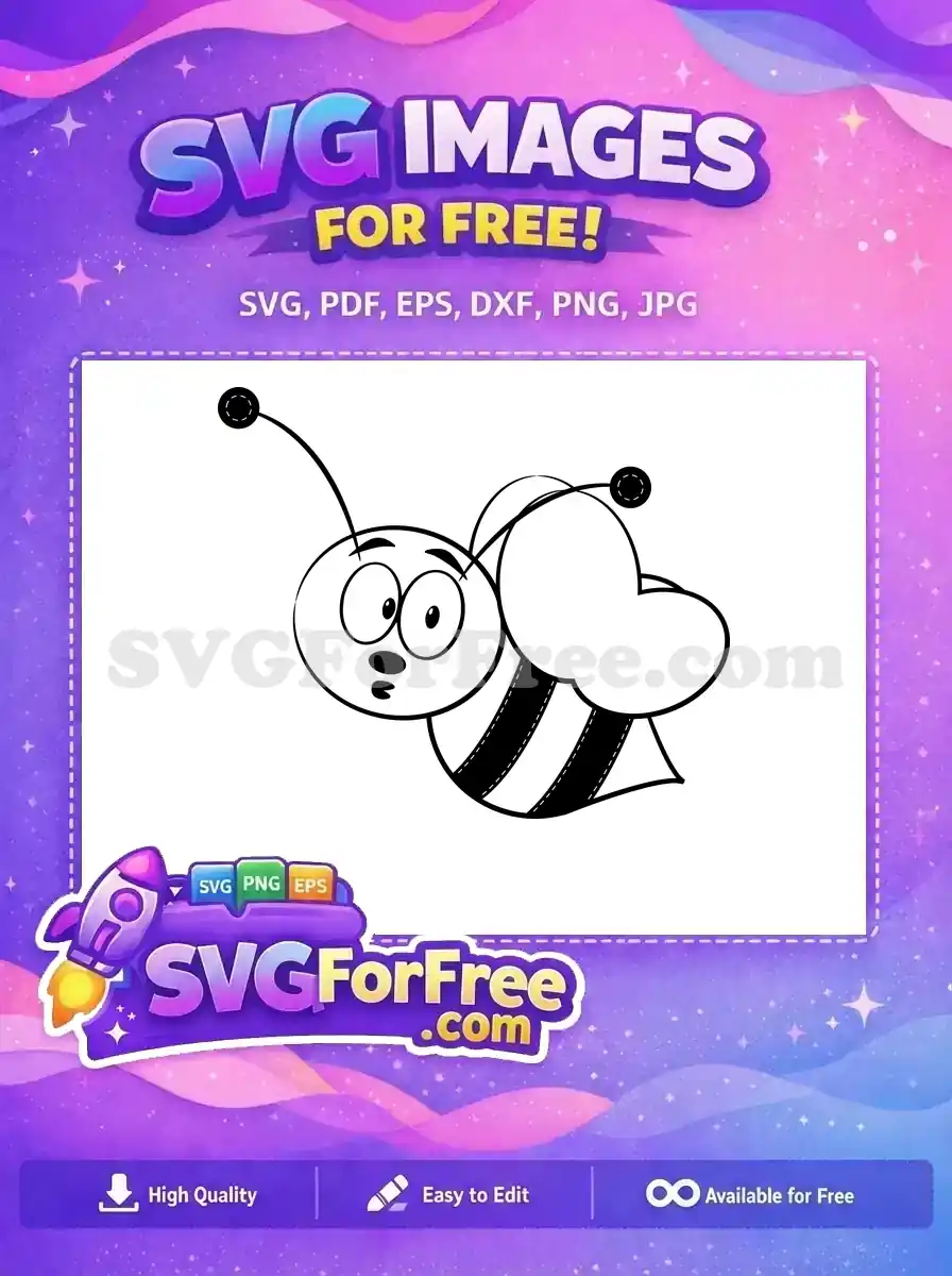 Free black and white cartoon bee SVG, featuring big eyes and striped body. This adorable free design is excellent for crafts.