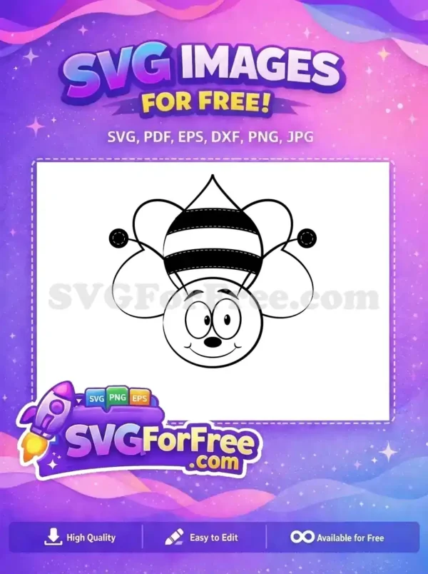 Free Happy Bee SVG Design – Cute Cartoon Insect Graphic A cheerful free cartoon bee SVG, black and white, featuring a smiling face and striped body. Ideal for crafts.
