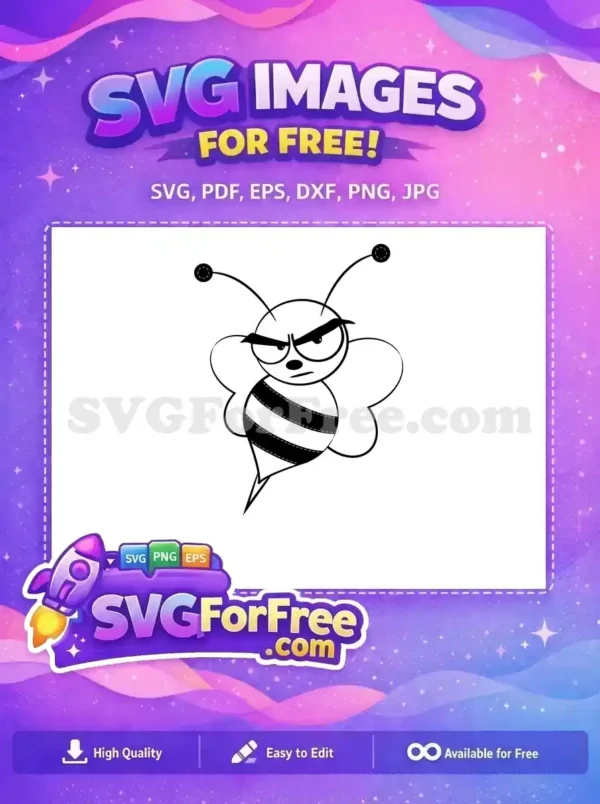 Discover this free design: an angry black and white cartoon bee, perfect for crafts and digital projects. Its scowling face adds unique character.