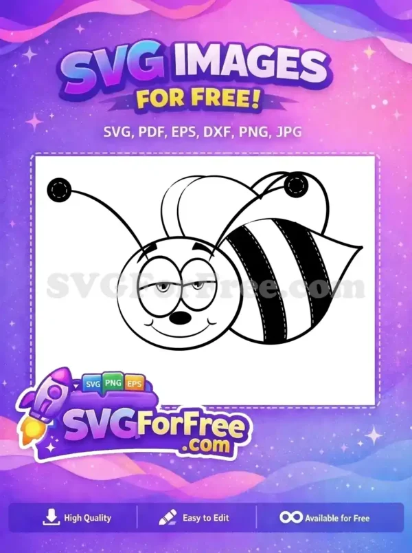 Free Cartoon Bee SVG Design – Adorable & Ready to Use! A delightful free cartoon bee SVG, presented in black and white with a friendly face and striped body. Ideal for various free craft projects.